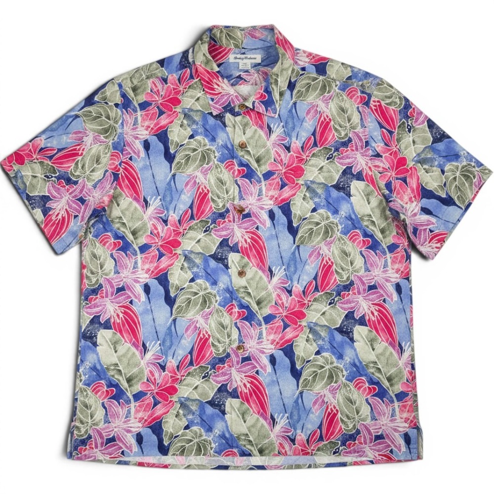 Tommy Bahama Men XL BluePink Floral Silk Short Sleeve Button Up Aloha Camp Shirt